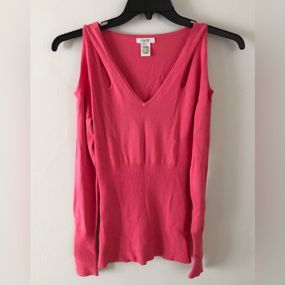 Cache Pink Cold-Shoulder V-Neck Knit Sweater Top Career Business Casual